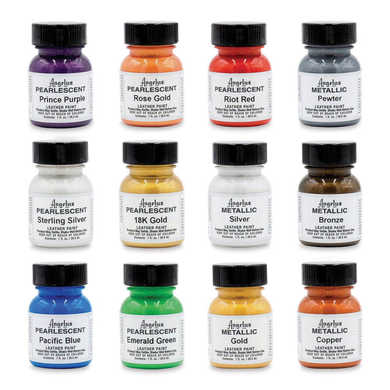 Angelus Acrylic Leather Paint Set - Metallic and Pearlescent, Assorted Colors, Set of 12
